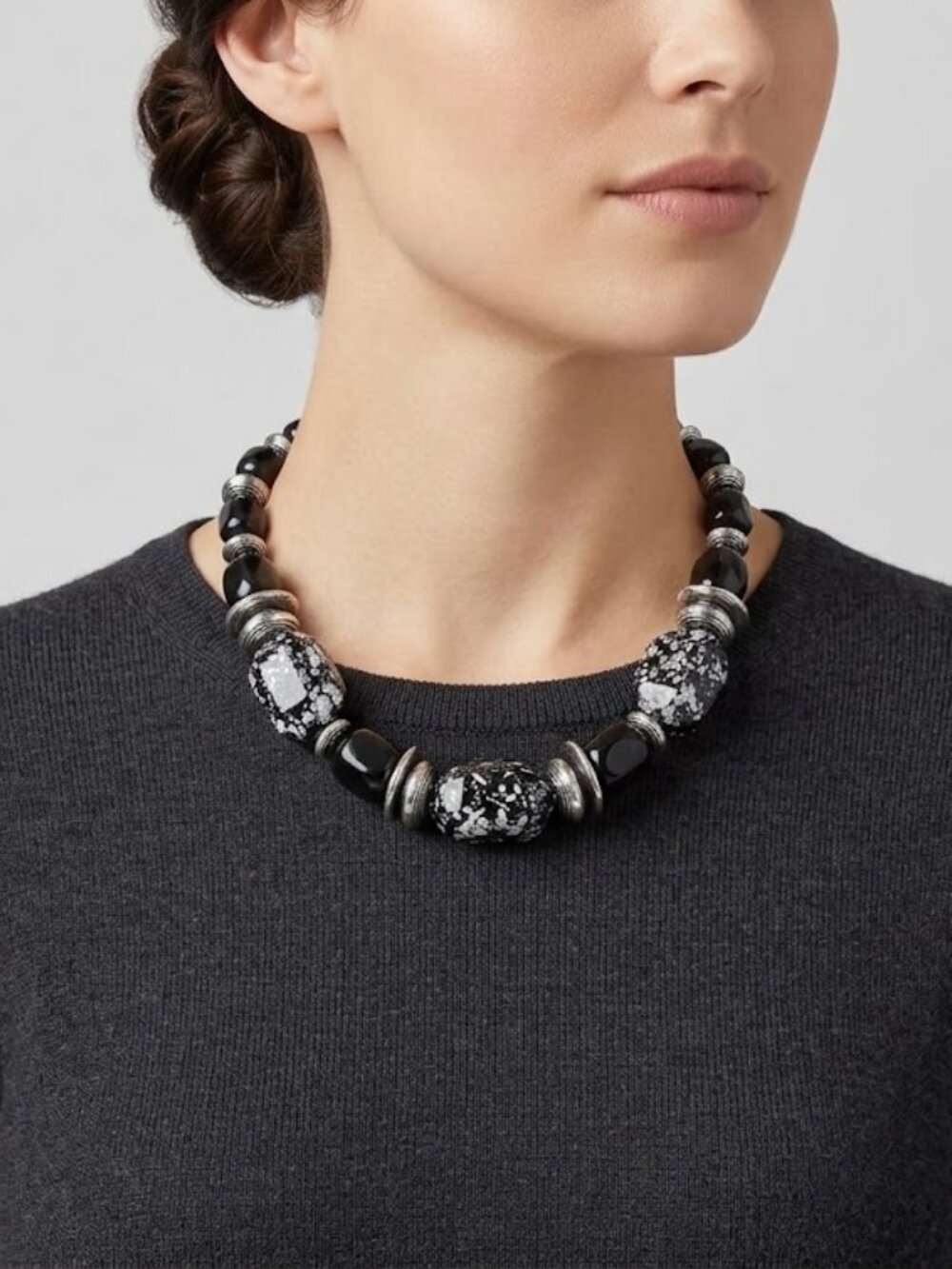 Chunky Black and Silver tone Beaded Necklace